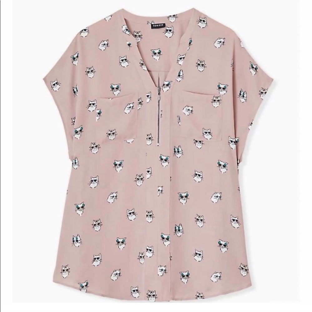 TORRID CAT PRINT GEORGETTE ZIP-FRONT DOLMAN BLOUSE SIZE 2